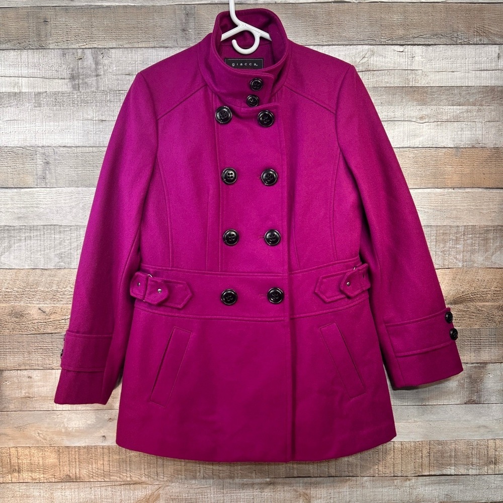 Giacca Magenta Pink Wool Blend Double Breasted Pea Coat Funnel Neck Large
